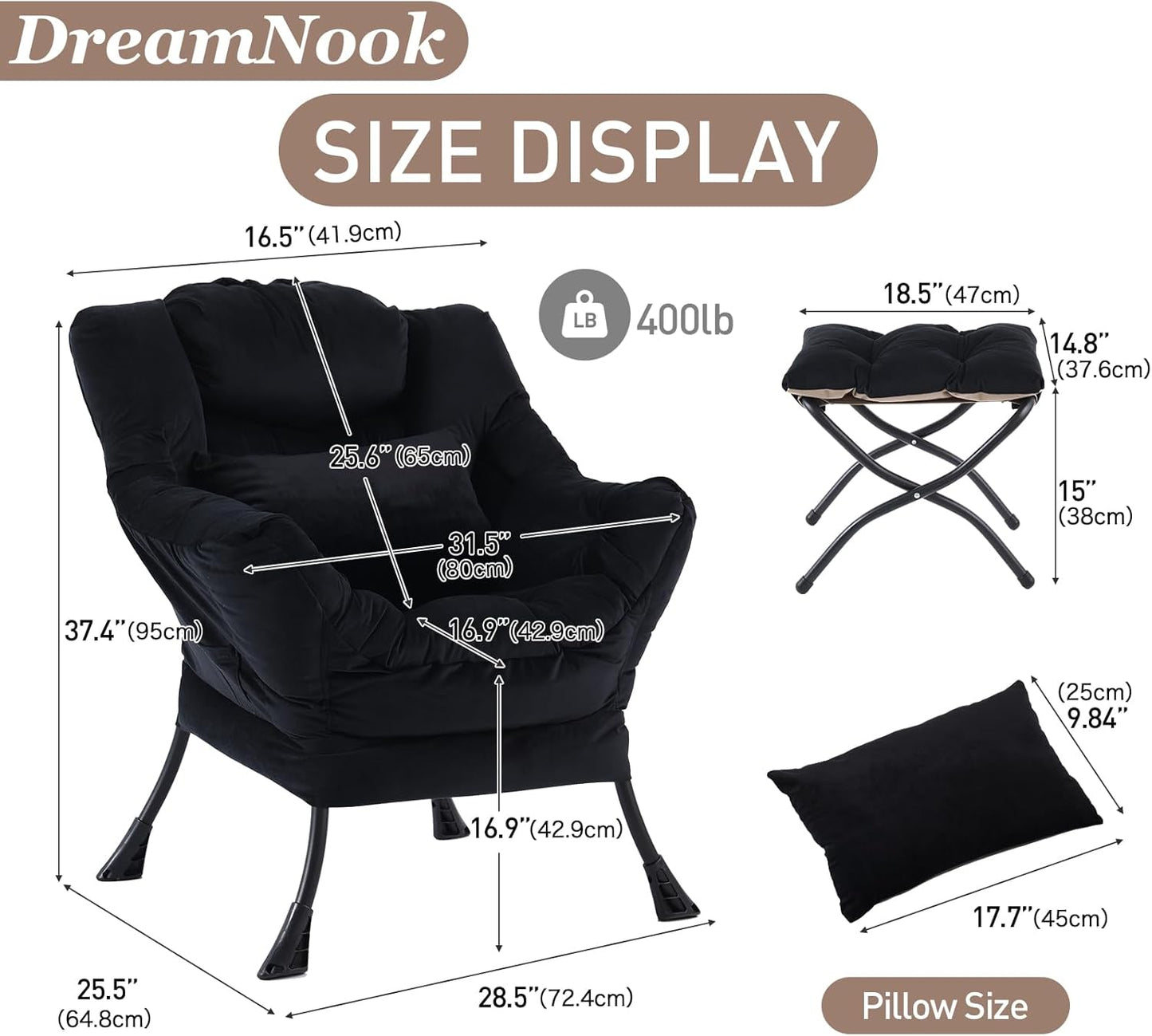 Lazy Chair with Ottoman, Modern Accent Chair with Lumbar Pillow, Comfy Chairs with Folding Footrest for Bedroom, Reading, Oversized Supportive Lounge Chairs(Velvet Black)