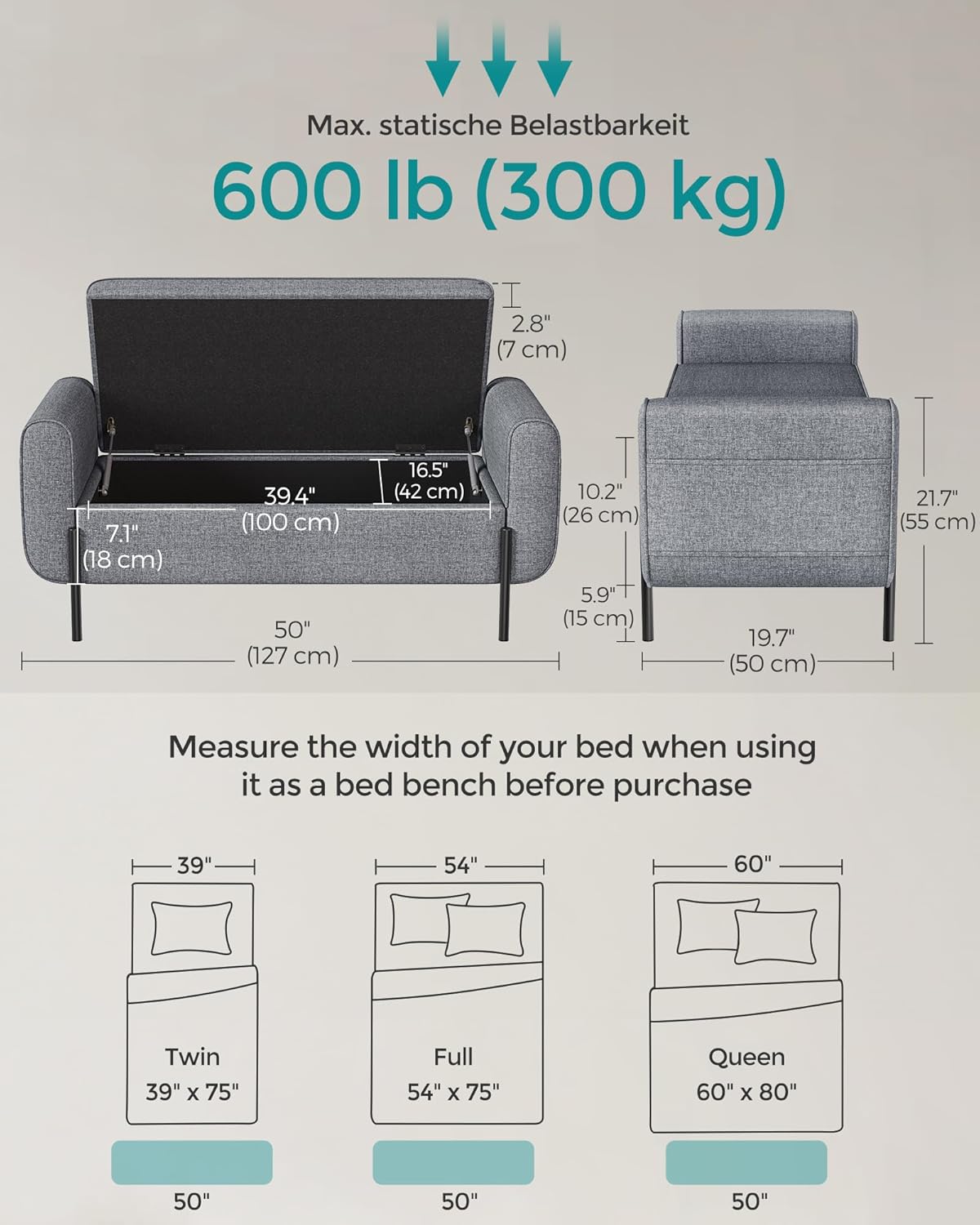 SONGMICS Storage Bench with Armrests, Ottoman for Living Room, Bedroom, Entryway, Steel Legs, Light Gray ULOM072G02