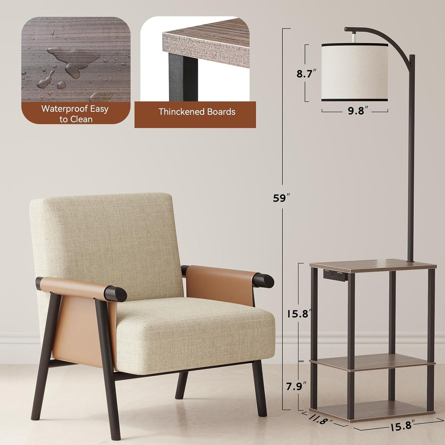 SUNMORY Floor Lamp with Table, End Table for Living Room with Lamp, Shelves Side Table with Charging Station(USB & AC Port), 3 Color Temperature LED Bulb, Modern Nightstand Lamp for Bedroom, Office