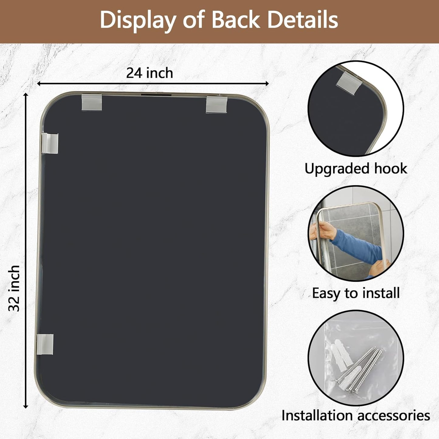 24x32 Inch Brushed Nickel Bathroom Mirror, Framed Rectangle Mirror with Rounded Corner, Brushed Mirror, Silver Bathroom Mirror for Over Sink, Vanity, Living Room, Bedroom, Horizontal/Vertical