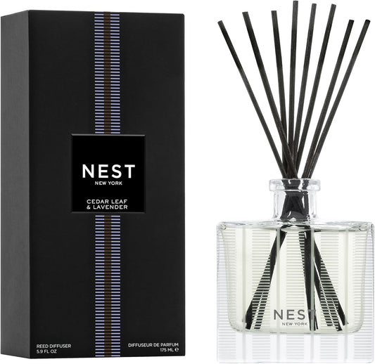 NEST New York Reed Diffuser, Cedar Leaf & Lavender - 5.9 fl oz - Fragrance for Up to 90 Days - Reusable, Refillable Glass Holder - Includes 8 All-Natural Reed Sticks - Flame Free