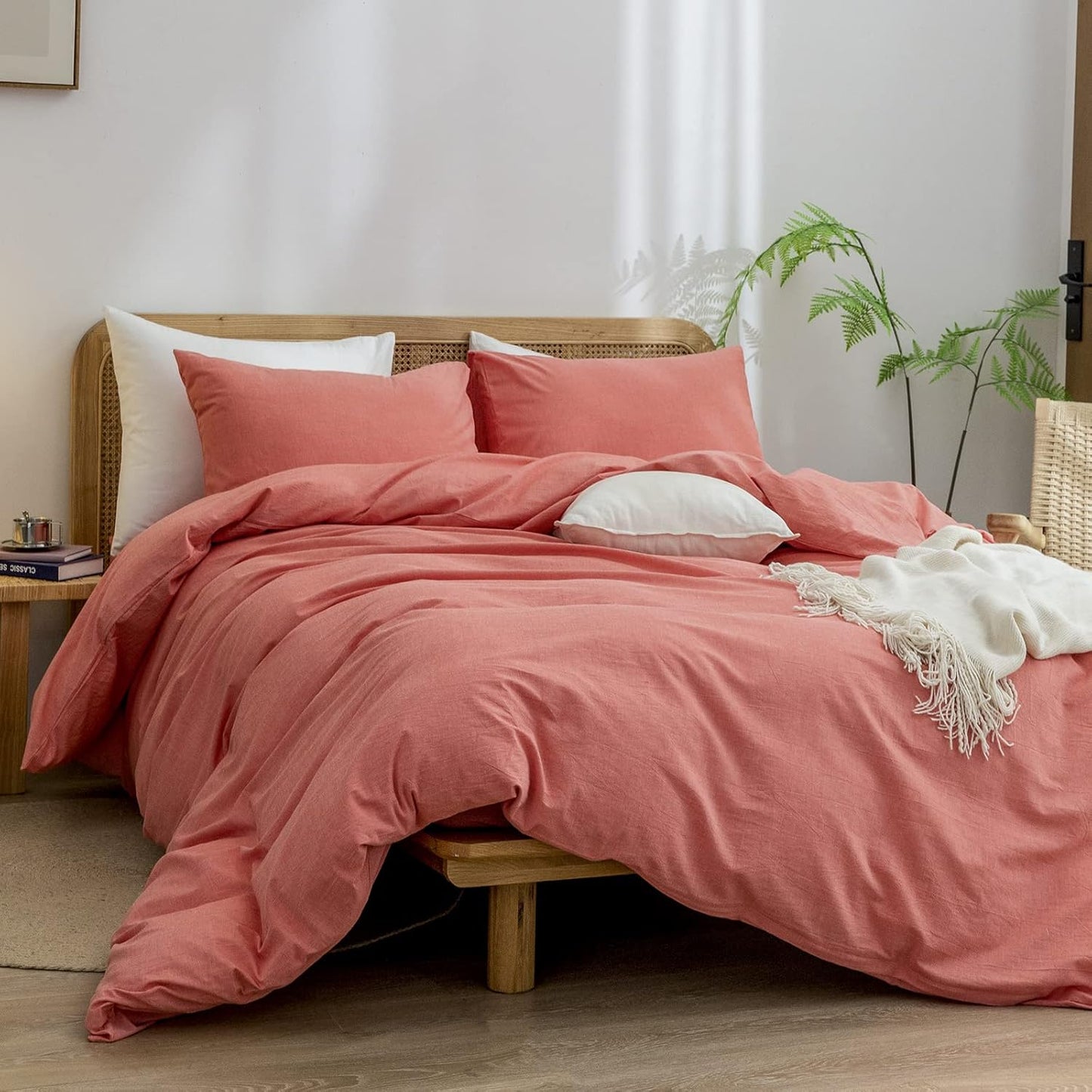 BESTOUCH Duvet Cover Set 100% Washed Cotton Linen Feel Super Soft Comfortable Chic Lightweight 2 PCs Home Bedding Set Solid Orange Twin/Twin XL