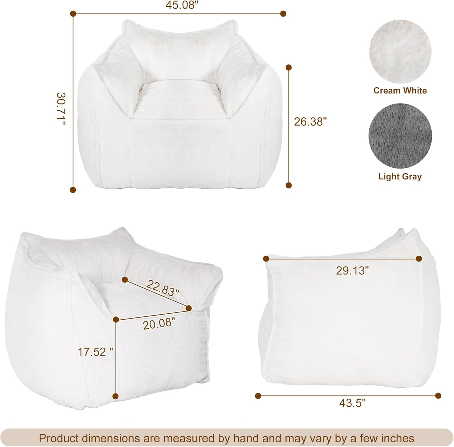 Giant Bean Bag Chair, Bean Bag Chair with Armrest for Adults, 45“W x 43.5" D Large Bean Bag Chair with Filler, Big Comfy Washable Sofa Chair for Living Room, Bedroom, Cream White