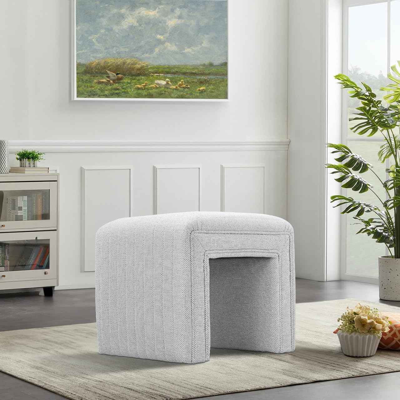 Get Set Style Vanity Stool Chair,Modern Linen Ottoman Foot Stool with Wooden Legs Sofa Bench Footstool Extra Seat for Vanity,Makeup Room,Living Room,Entryway,Office (Fully Assembled)