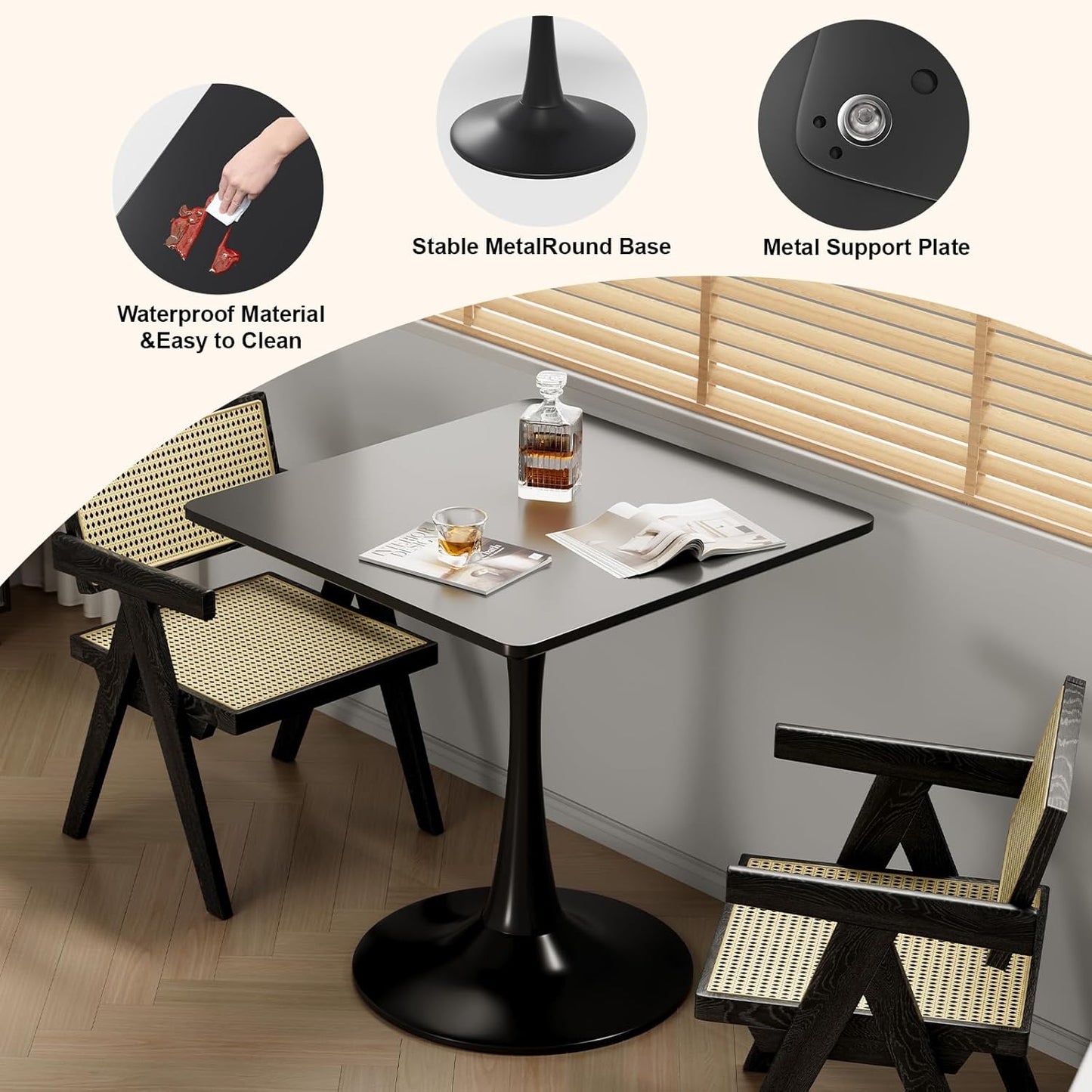 24" Black Tulip Table for Kitchen, Small Square Dining Table for 2 Person, Mid Century Modern Tables with Sturdy Metal Pedestal Base for Living Room, Cafe, Office, Pub, Bar, Bistro