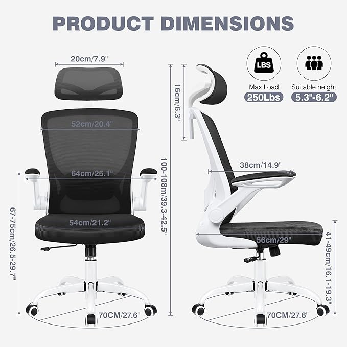 Home Office Desk Chairs, Ergonomic Office Chair with Lumbar Support, Headrest, Flip-up Armrests, Comfy Desk Computer Chair for Gaming, Work, White