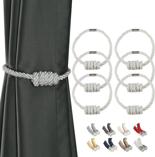 BEL AVENIR Magnetic Curtain Tiebacks, Decorative Drapery Holdbacks Modern Woven Tie-Backs with Exquisite Knot (White, 6 Pack)