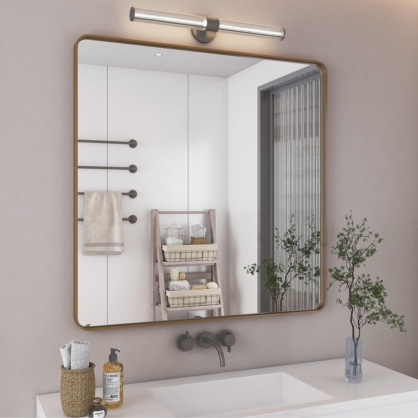 36x36 Square Gold Bathroom Mirror for Wall, Brushed Golden Framed Vanity Mirror, Modern Rectangle Metal Mirror for Entry, Shatterproof, Anti-Rust (Horizontal/Vertical)