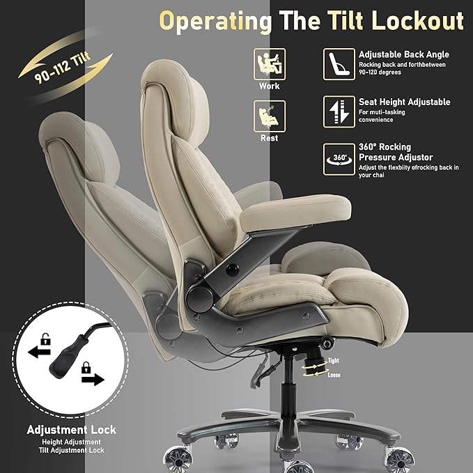DYHOME 700LBS Heavy Duty Office Chair with 4d Armrest, Big and Tall Office Chair, Ergonomic Computer Chair with Airbag Lumbar Support, Wider Thicker Seat Cushion, PU Comfy Office Desk Chairs, Beige