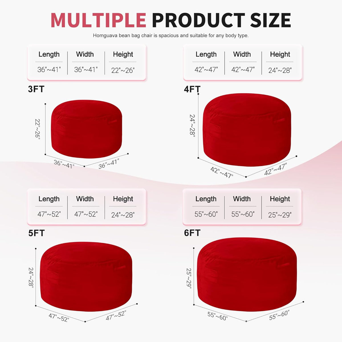 Homguava 3FT Bean Bag Chair: 3' Bean Bags with Memory Foam Filled, Large Beanbag Chairs Soft Sofa with Dutch Velet Cover-Red
