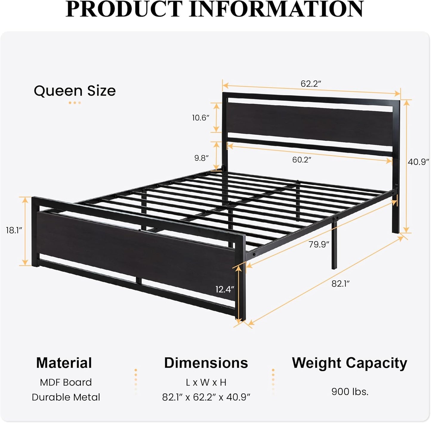 SHA CERLIN Queen Size Bed Frame with Modern Headboard, Heavy Duty Platform Metal Base with Square Footboard and 13 Strong Slats Support, No Box Spring Needed, Black