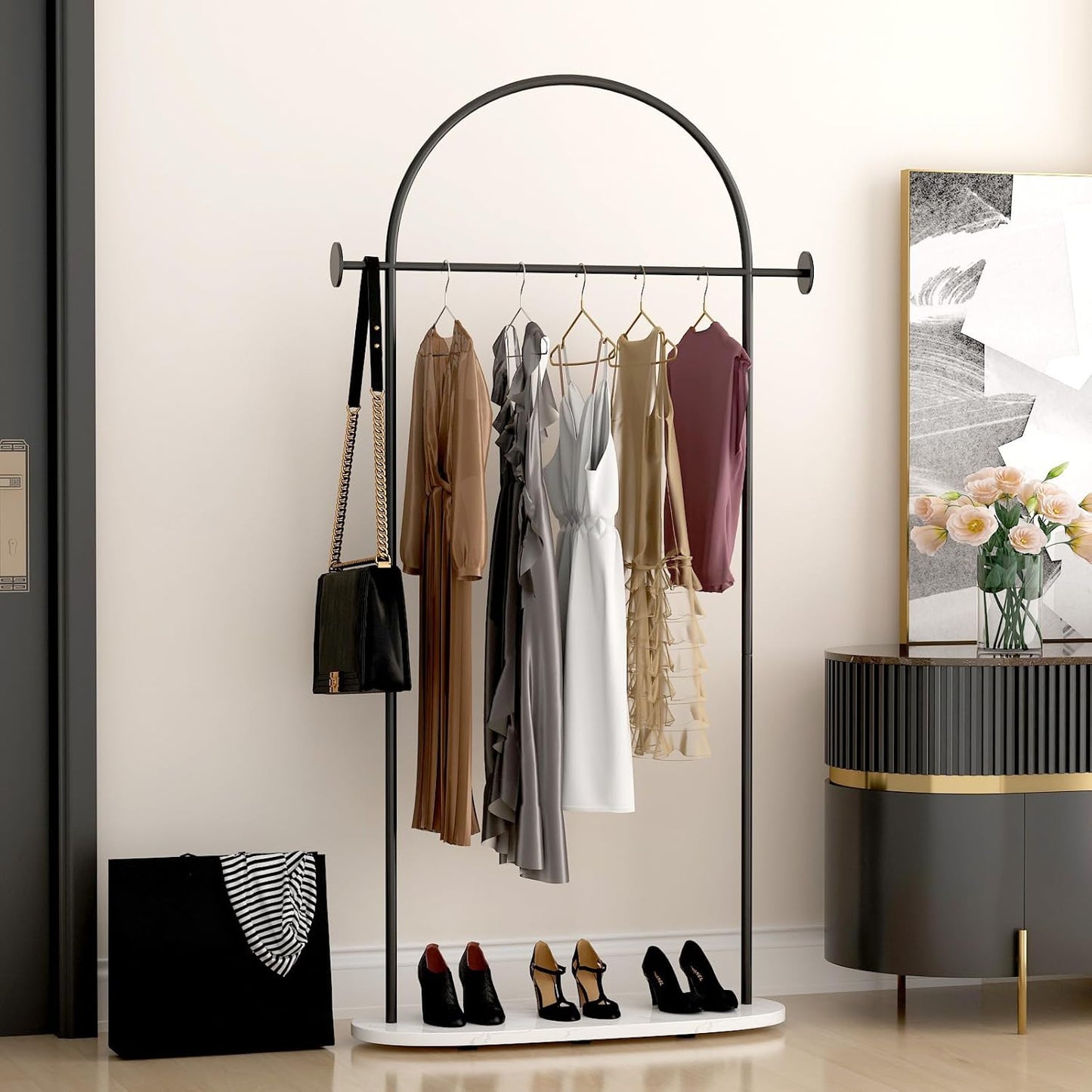 Black Clothing Rack, Modern Clothes Rack with Shelf, Heavy Duty Freestanding Coat Rack, Metal Coat Hanger Stand with Hooks for Boutique Office
