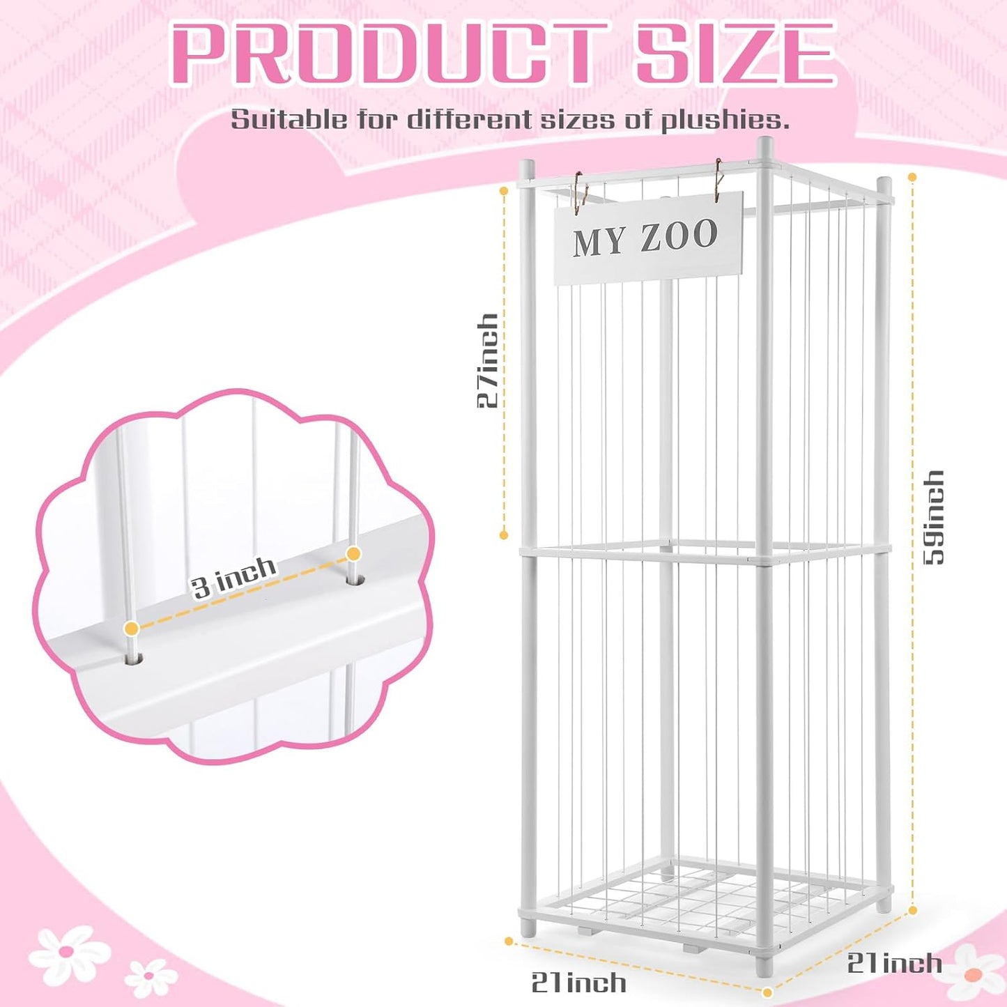 Stuffed Animal Storage Zoo, Wooden Stuffed Animal Organizer with Elastic Cords for Boys Girls, Space Saving Toy Plushies Storage Holder for Playroom, Bedroom, Living Room (White, Large)