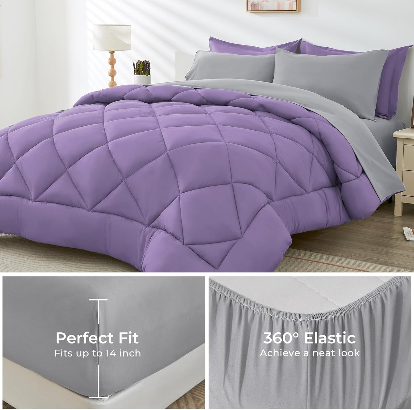 HEVUMYI Full Comforter Set - 7-Piece All Season Bed in a Bag Full, Ultra Soft Bedding Set with Comforter, Flat Sheet, Fitted Sheet, Pillowcases, Pillow Shams, Purple & Light Grey