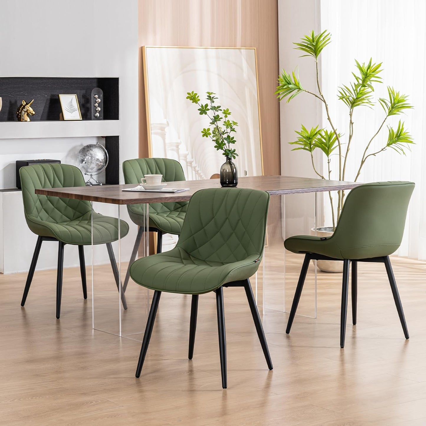 YOUNUOKE Dining Chairs Set of 2 Mid Century Modern Kitchen Chair Comfortable Upholstered Faux Leather Dinner Chairs for Kitchen Dining Room, Olive