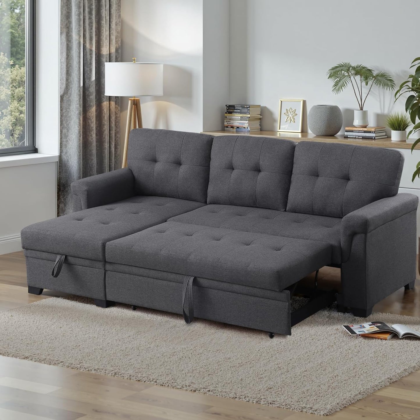 83 Inch L Shaped Modular Convertible Sleeper Sectional Sofa Bed with Storage Chaise and Pull-Out Bed, Linen Upholstered Reversible Corner Couch for Living Room, Home Furniture, Dark Gray