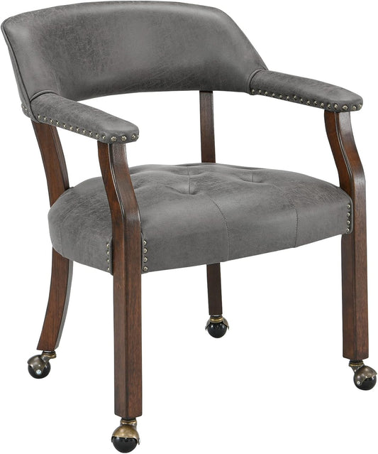 LEEMTORIG Large Dining Chairs with Casters and Arms, Rolling Dining Chairs with Wheels, Accent Wood Boss Caption's Chairs, 26" D x 25.2" W x 31.5" H, Cherry Legs & Dark Grey Fabric SY-1533-GY