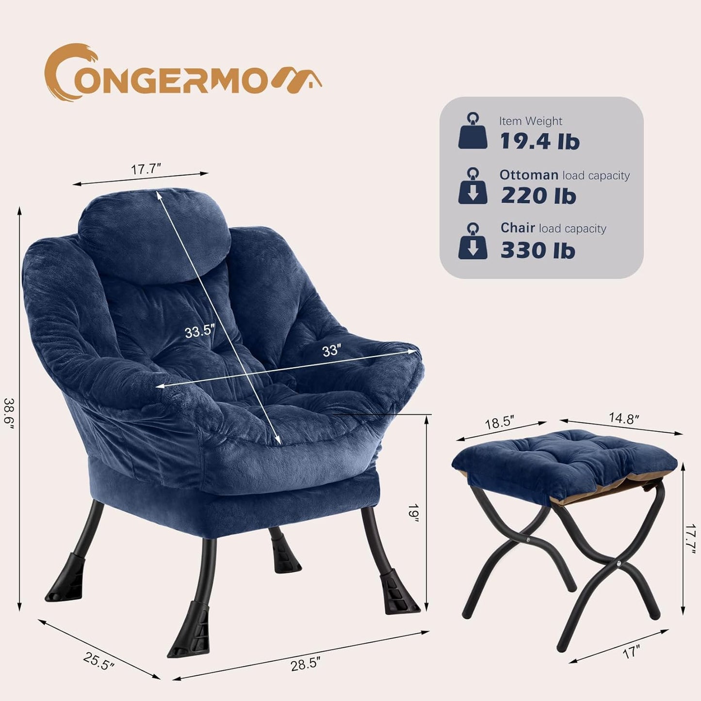 Lazy Chair with Folding Ottoman,Leisure Sofa Chair,Soft Fabric Armchair with Armrests and Side Pockets, Reading Chair with Footrest for Living Room, Bedroom, Office (Plush Navy)