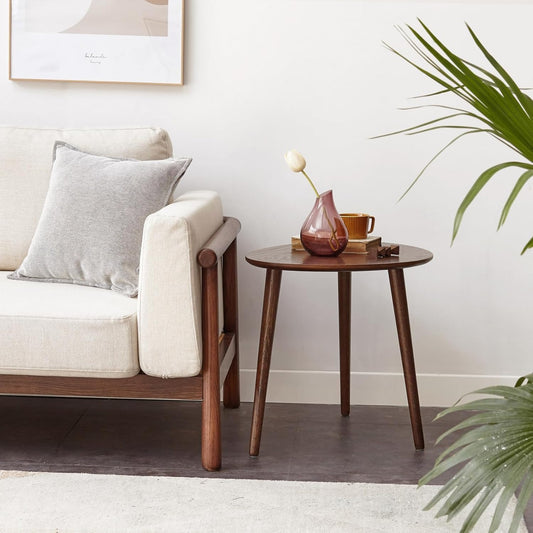 Small Oval Coffee Table, 25.6'' Small Mid Century Modern End Table for Living Room, 100% Solid Oak Wood Side Table, Minimalist Display Center Table(Walnut Color, 25.59''Wx17.51''Dx19.68''H)