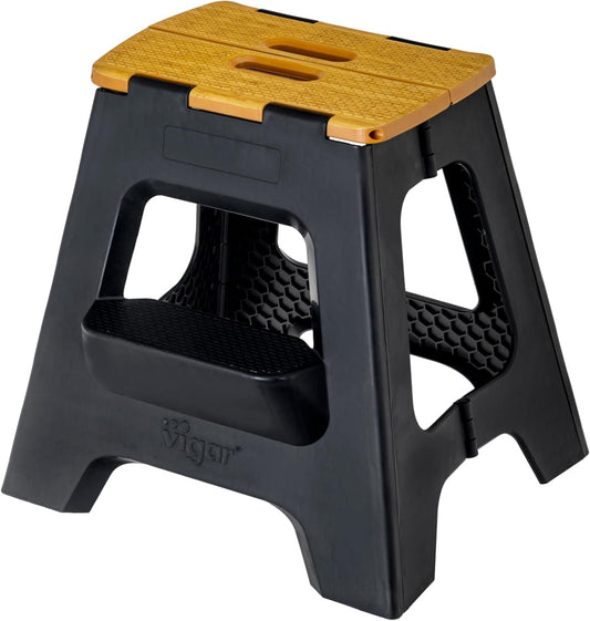 Vigar Compact Step Stool Foldable, 16-inch Two-Step Stools for Adults up to 330 Pound, Lightweight Stool, Non-Slip Folding Step Stool, Black, Bamboo Print on Top