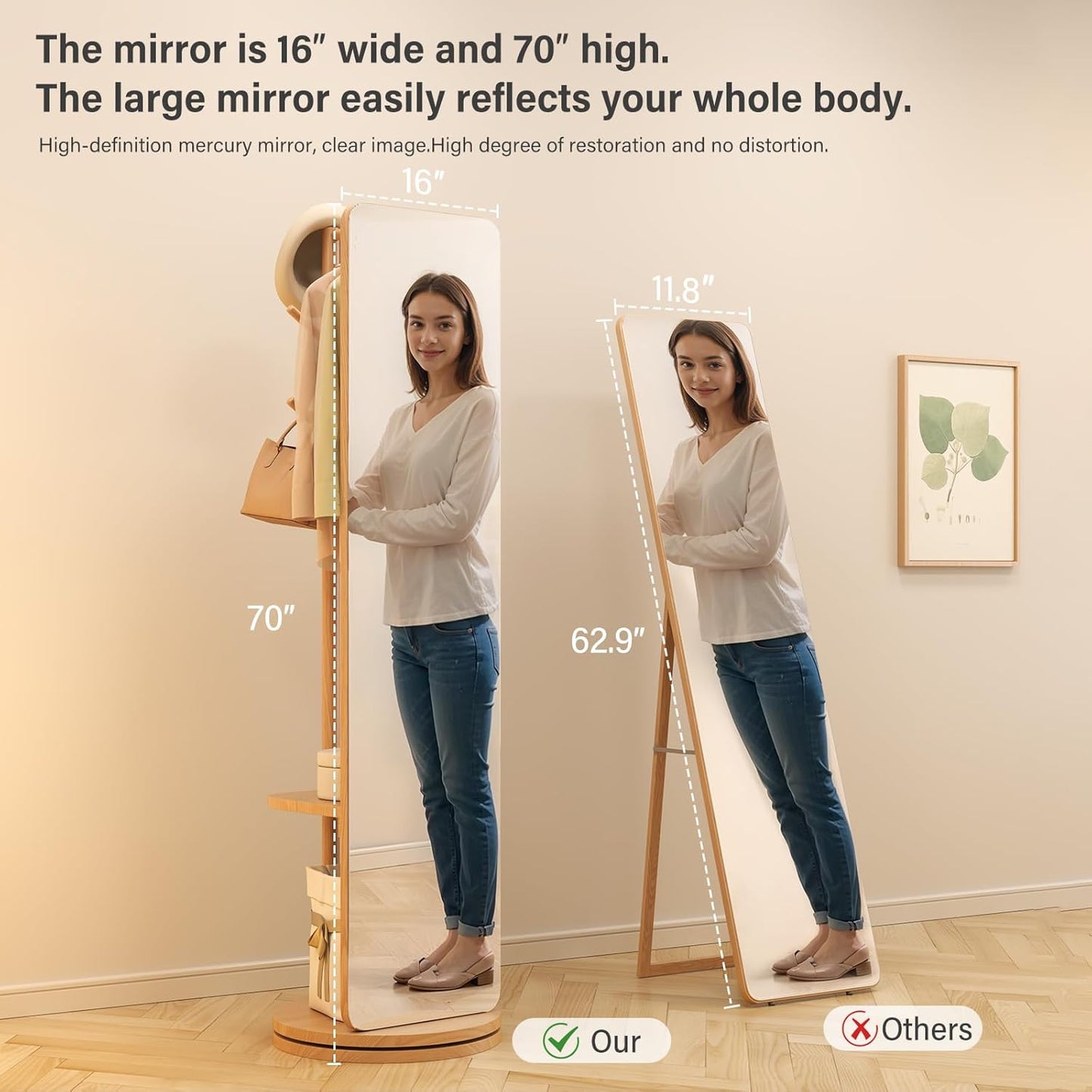 70"x16"Full Length Mirror with Stand,Coat Rack with Mirror,Solid Wood Floor Mirror,Swivel Mirrorfor Bedroom, Living Room, Cloakroom