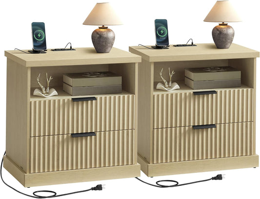 VASAGLE MAXE Collection - Set of 2 Nightstands with Charging Station, Bedside Table, Side End Table with 2 Drawers, Open Shelf, 2 AC Outlets, 2 USB Ports, Transitional, Bedroom, Oak Beige ULET926Y01