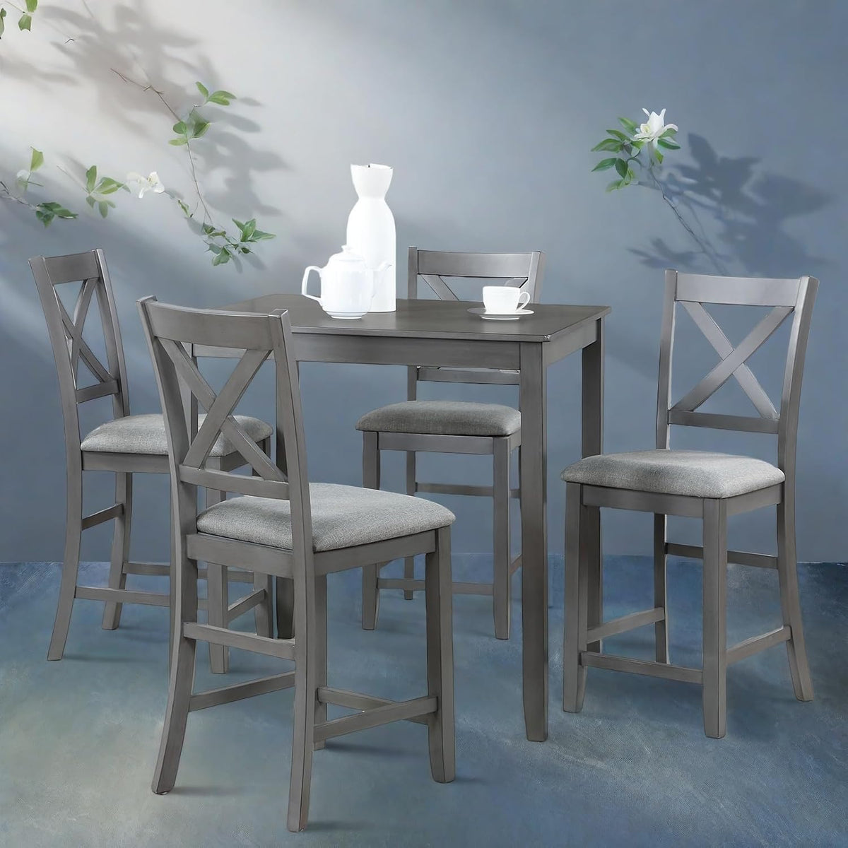 Dining Table Set for 4, Modern 5 Piece Dining Room Table Set with Square Table & 4 X-Shaped Backrest Upholstered Chairs, Counter Height Kitchen Chairs Set for Small Space, Gray