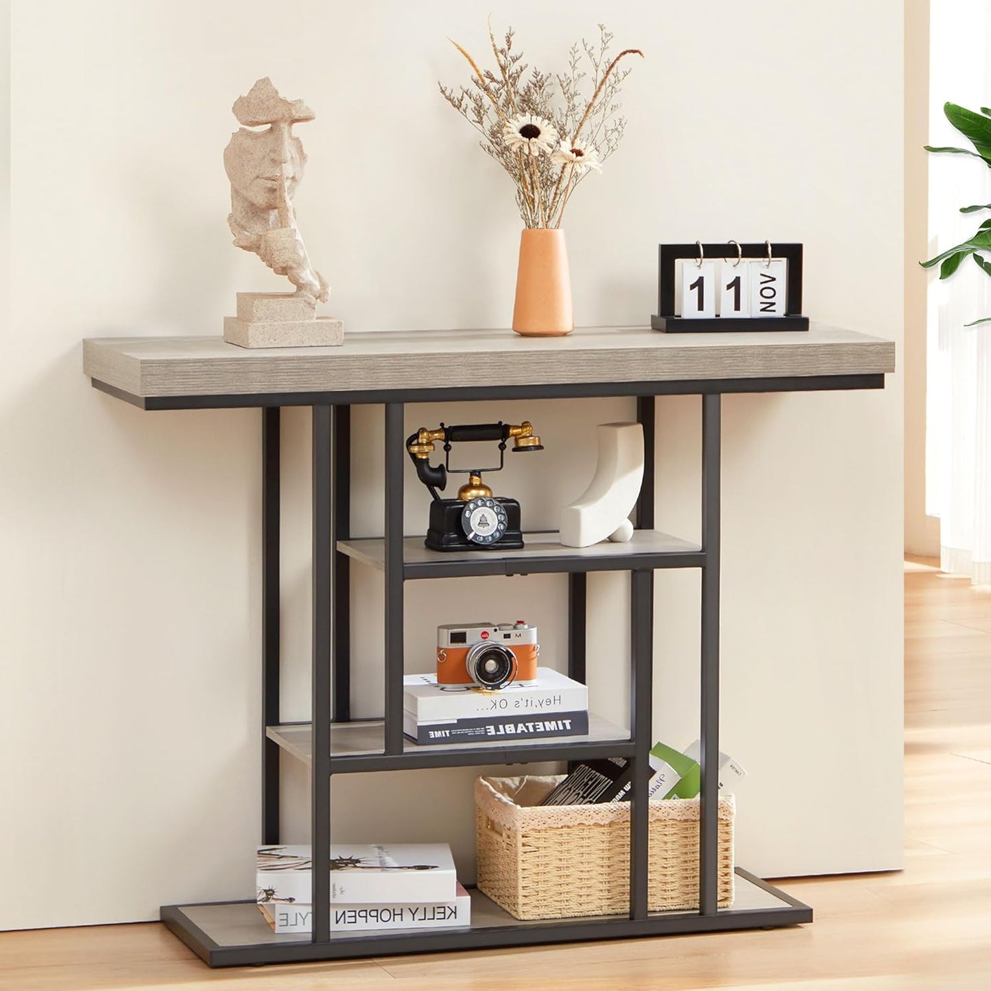 HABUTWAY 42" Industrial Console Table, Narrow 4-Tier Wood Entryway Table for Living Room, Accent Tables Living Room, Hallway Table, Sofa Table for Front Door, Hallway, Foyer, Rustic Grey