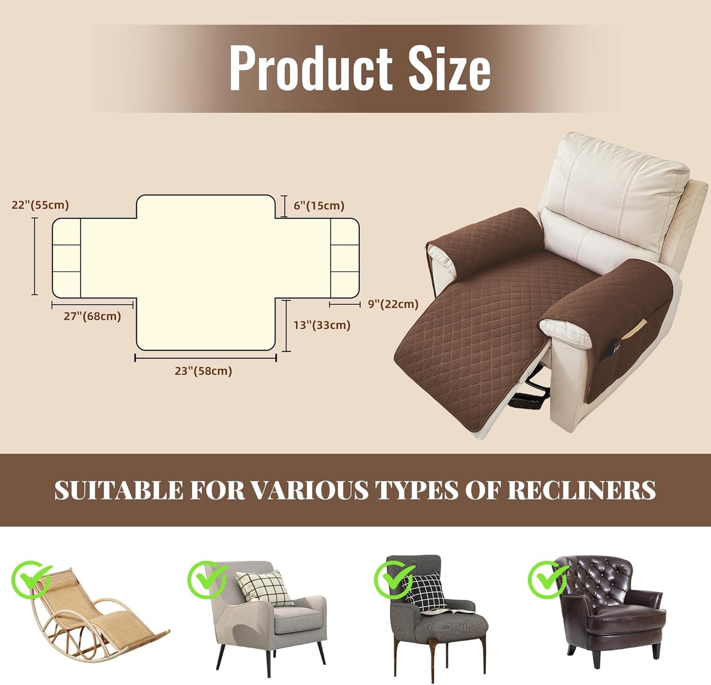 MEHIDFY Sofa Seat Arm Cover, Waterproof Couch Armrest Protector, Anti-Slip Sofa Cover, Remote Holder for Armchair, Dual Side Recliner Caddy with 3 Pockets for TV Remote, Phone, Pad, Pen, Book(Brown)