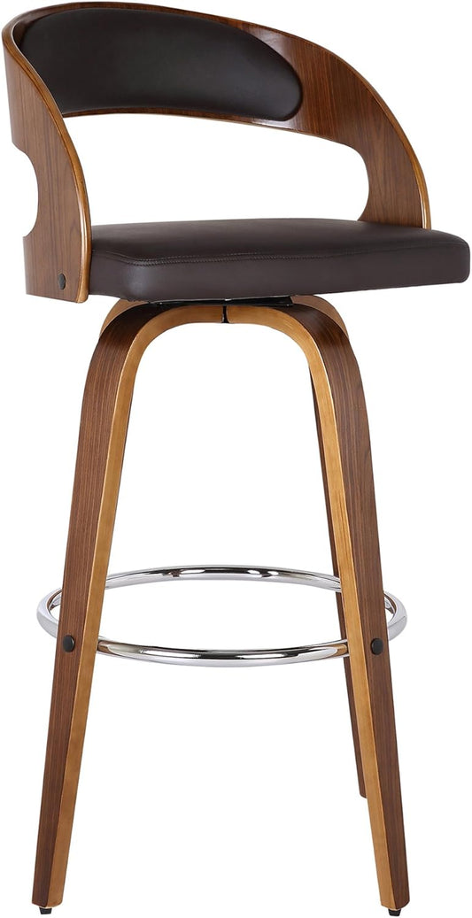Armen Living Shelly 26" Counter Height Swivel Brown Faux Leather and Walnut Wood Bar Stool - Set of 2