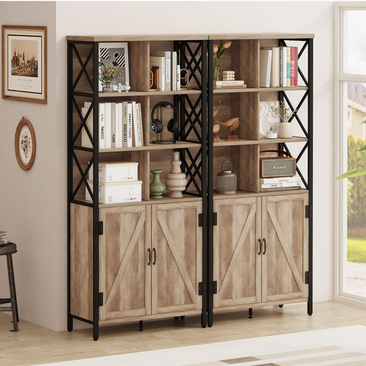 FATORRI Rustic Tall Bookshelf with Doors, Industrial Farmhouse Bookcase with Storage, 6 Cube Storage Organizer Book Shelf for Living Room, Home Office (Rustic Oak, 67 Inch)