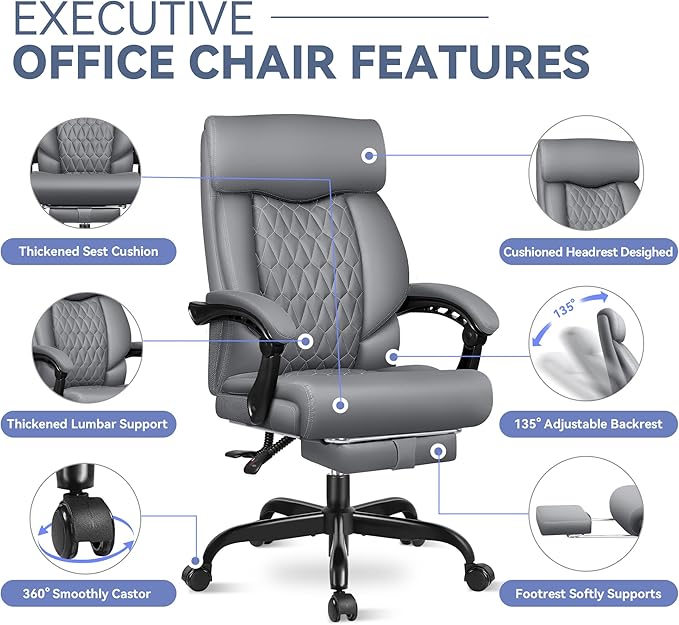Office Chair, Big and Tall Office Desk Chair, Reclining Office Chair with Footrest Home Office Desk Chairs, High Back Ergonomic with Lumbar Support, Executive Leather