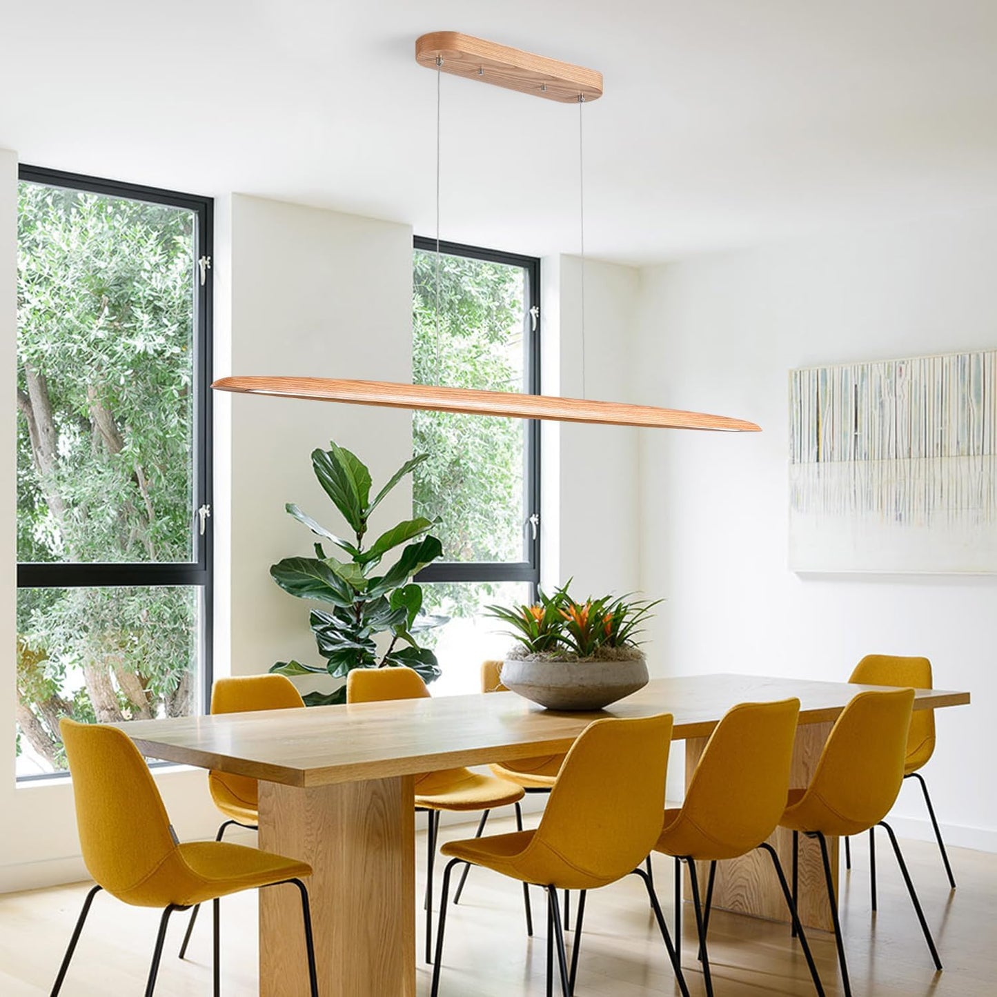 39" 24W Wood LED Linear Pendant Light Fixture Led Dining Room Light Dimmable Hanging Light Fixture for Dining Room Kitchen Island Pool Table Lights Natural Wood Color