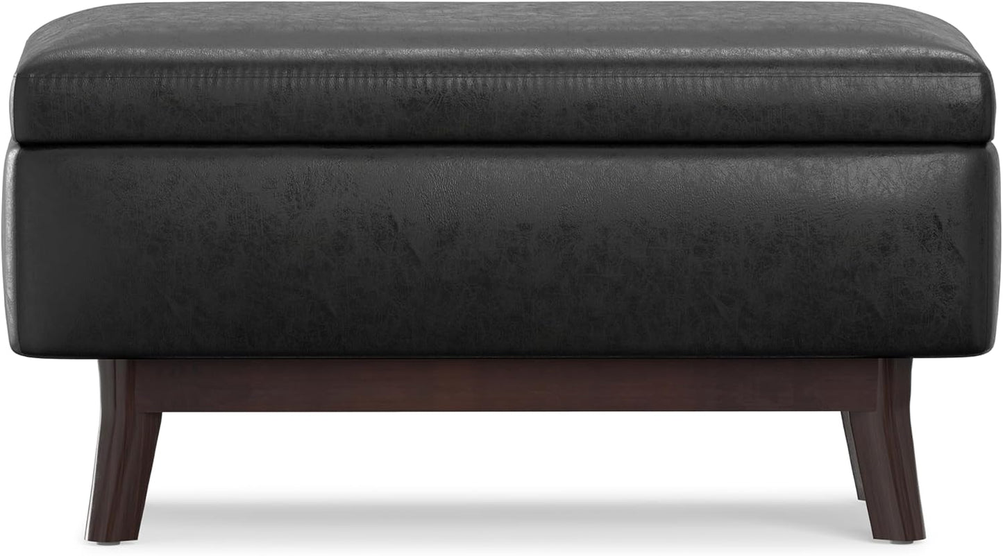 SIMPLIHOME Owen 36 inch Wide Mid Century Modern Small Rectangular Storage Ottoman in Distressed Black Vegan Faux Leather, Assembled, For the Living Room, Entryway and Family Room