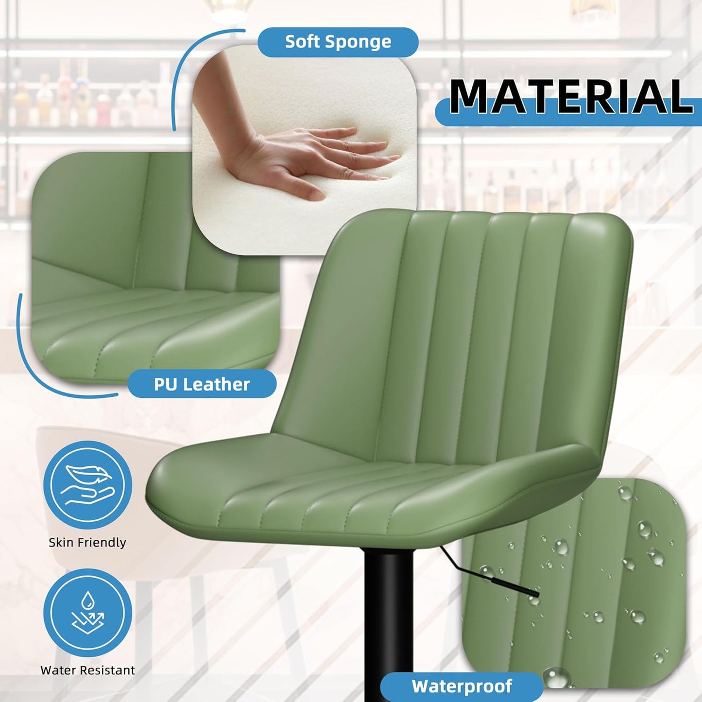 Shintenchi Swivel Bar Stools Set of 4, Adjustable Faux Leather Upholstered Swivel Counter Stools, Armless Bar Height Island Chairs with Back and Footrest, Green