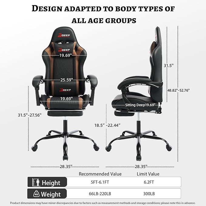 Ergonomic Gaming Chair with Footrest and Lumbar Massage, Racing Office Chair, High Back Computer Desk Chair with Headrest Pillow for Adults, Video Game Chair for PC Gamer (1001-Brown)