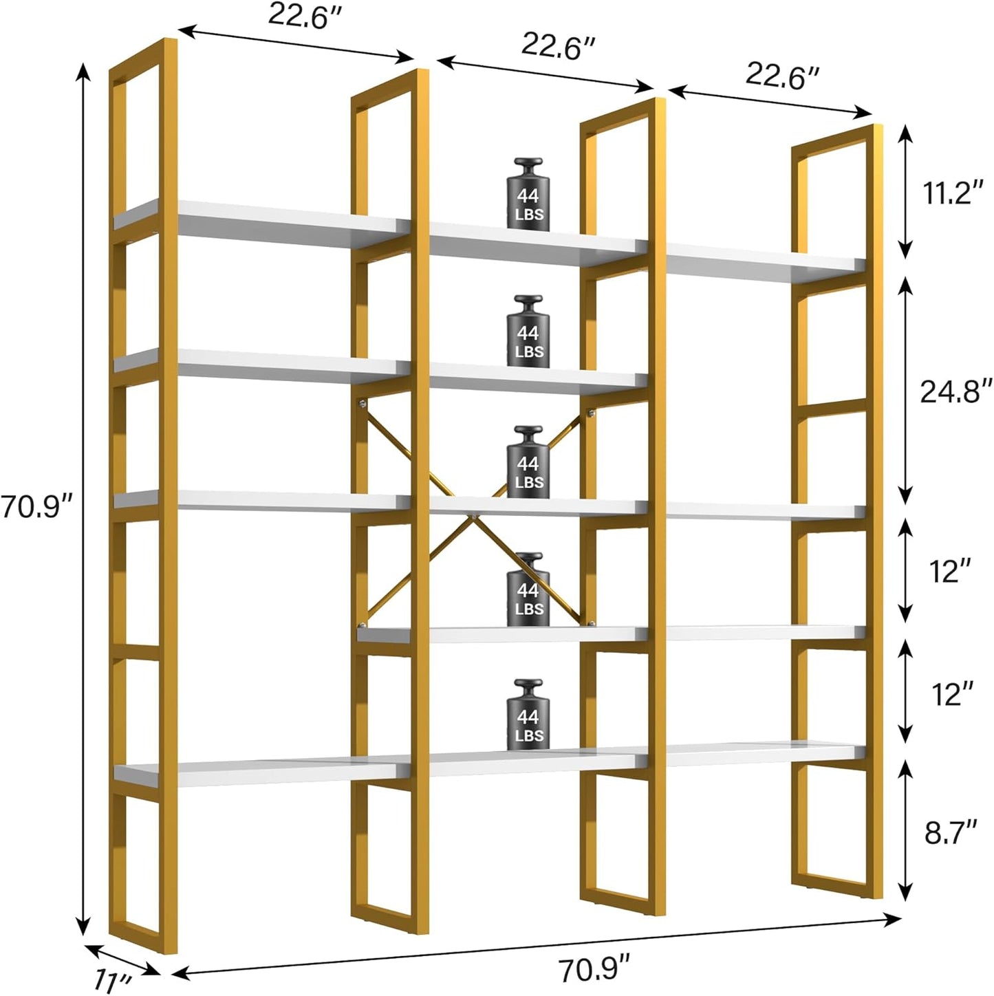 Semoic Large Bookshelf 5 Tiers, Triple Wide Geometric Bookcase, 71 Inches Tall Industrial Book Shelves Etagere Book Case, Sturdy Metal Frame, Freestanding Display Shelving Unit (Gold and White)