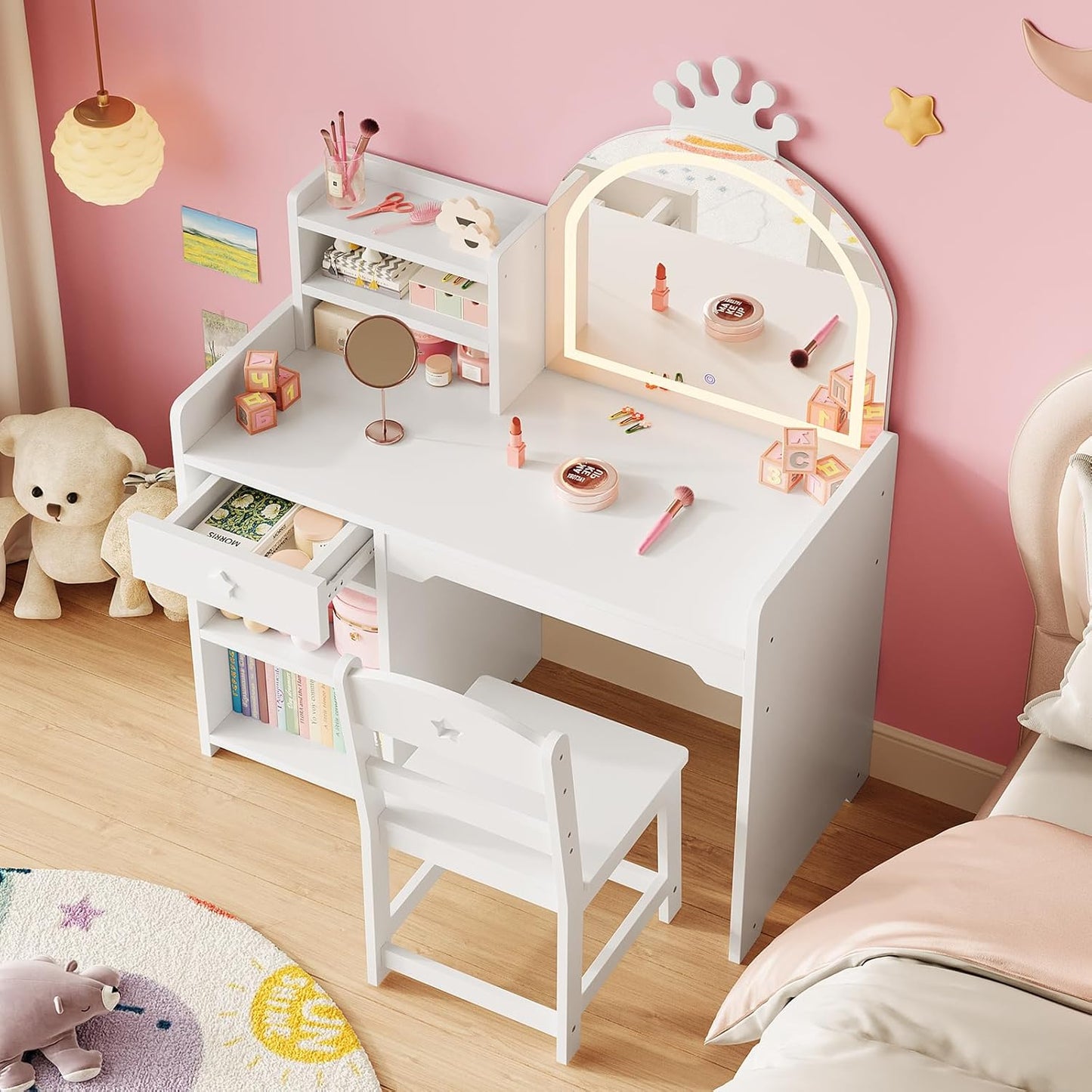 IDEALHOUSE Kids Vanity Table and Chair Set with Mirror and Lights, White Makeup Vanity Desk with Drawer and Open Storage Shelves, Wooden Dressing Table for Little Girls Bedroom