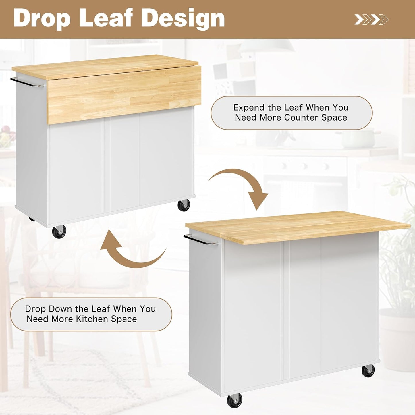 Shintenchi Kitchen Island with Folding Drop Leaf, Rolling Island Table with Storage, Kitchen Cabinet on Wheels with Seating Area for Kitchen, Bar Cart with Cabinet, White