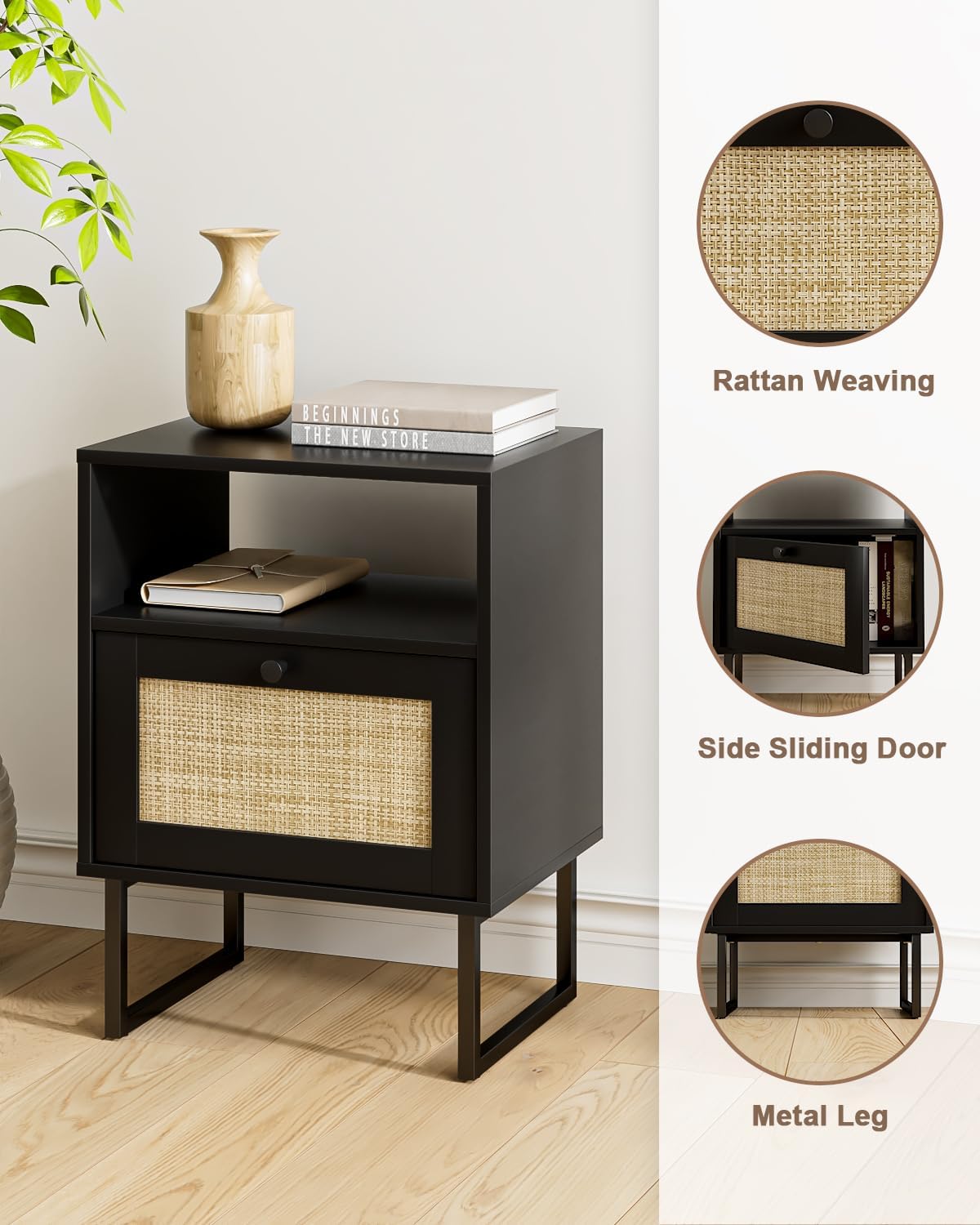 Rattan Nightstand, Boho Night Stand Farmhouse Wood Bedside Table with Storage and Open Shelf, End Side Accent Table for Bedroom,Living Room,Black