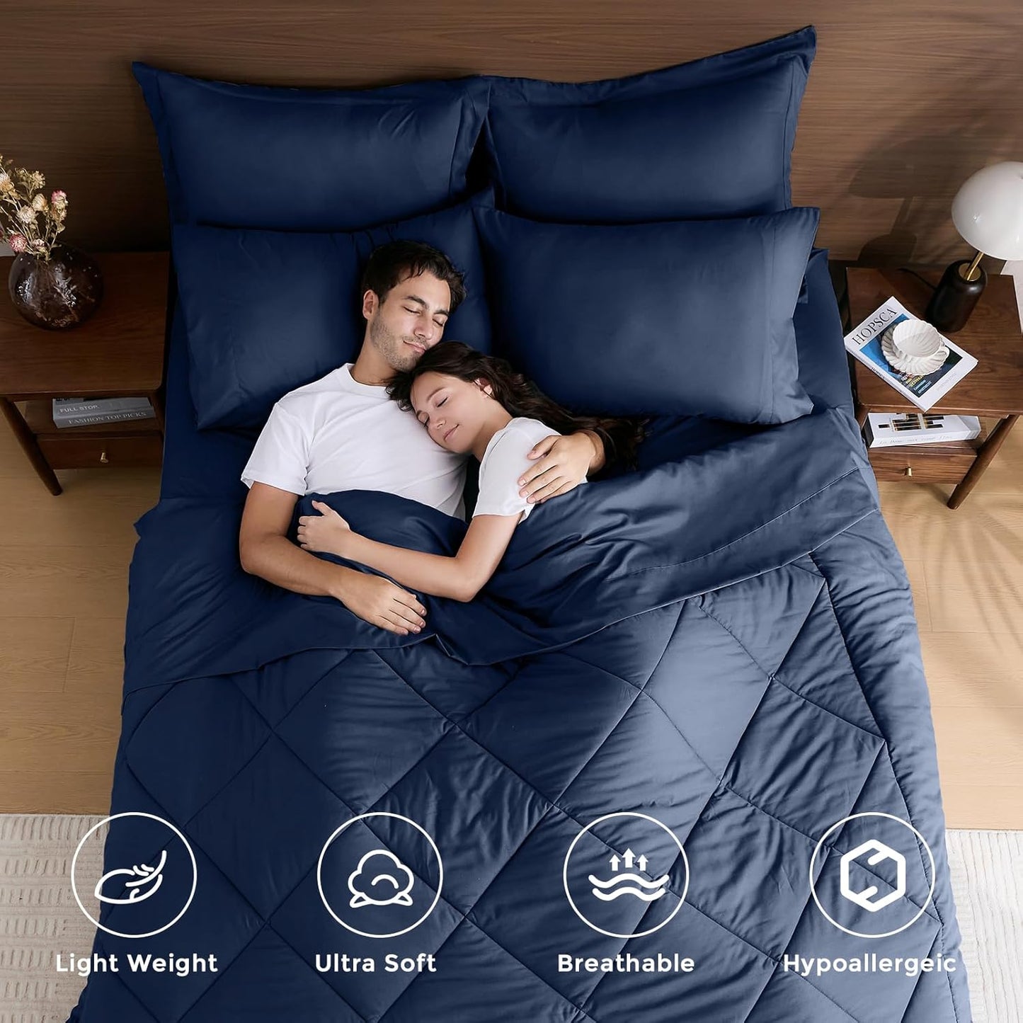 HEVUMYI Navy Blue Full Comforter Set - 7-Piece All Season Bed in a Bag Full, Ultra Soft Bedding Set with Comforter, Flat Sheet, Fitted Sheet, Pillowcases, Pillow Shams, Navy Blue