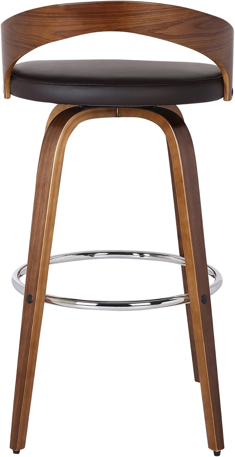 Armen Living Sonia 26" Seat Height Mid Century Modern Swivel Bar Stool for Kitchen Island Counter in Brown Faux Leather and Walnut Wood