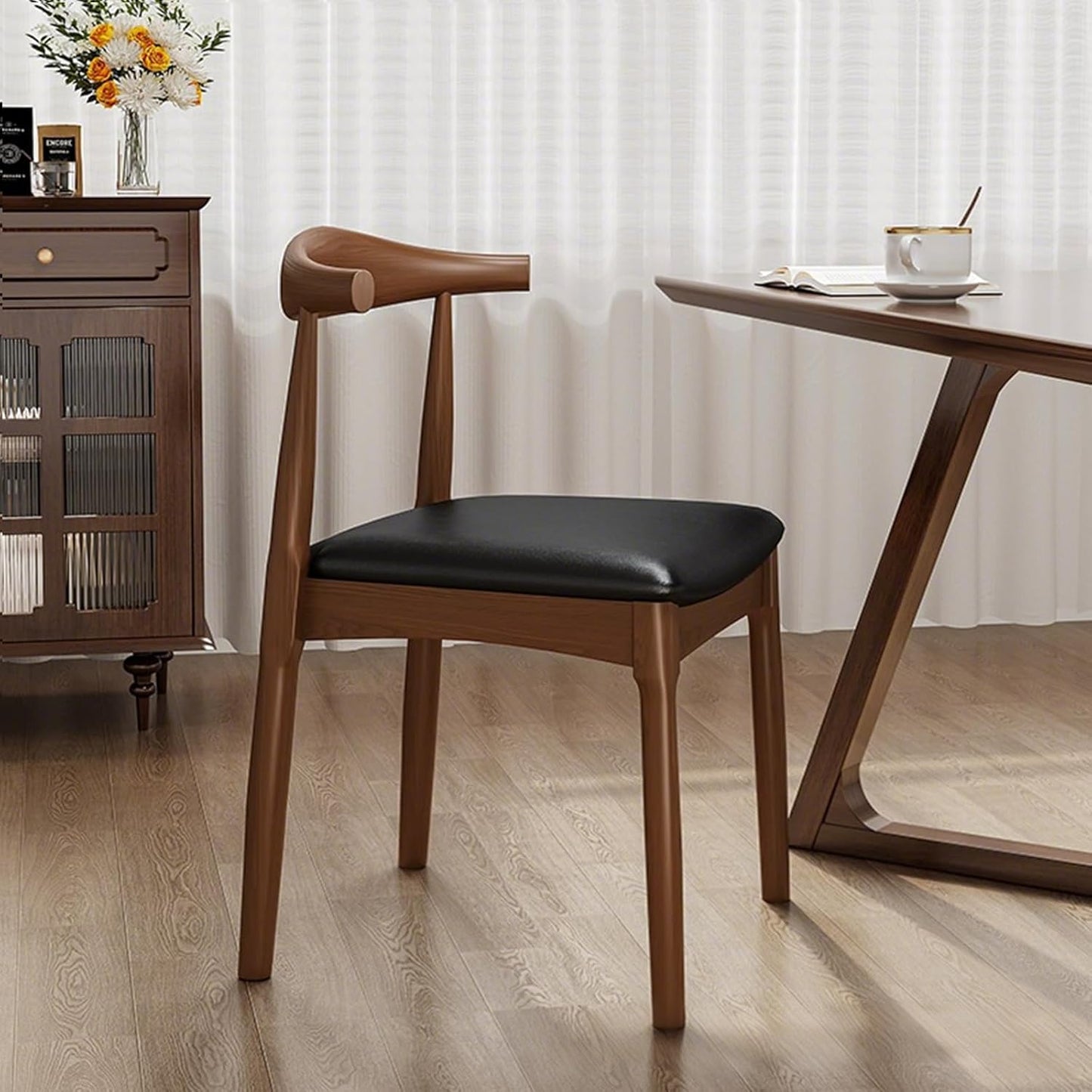 Solid Wood Dining Chair with Walnut Finish Mid Century Modern Upholstered PU Leather Dining Chairs with Curved Backrest for Dining Room, Kitchen, Study Room, Walnut Color