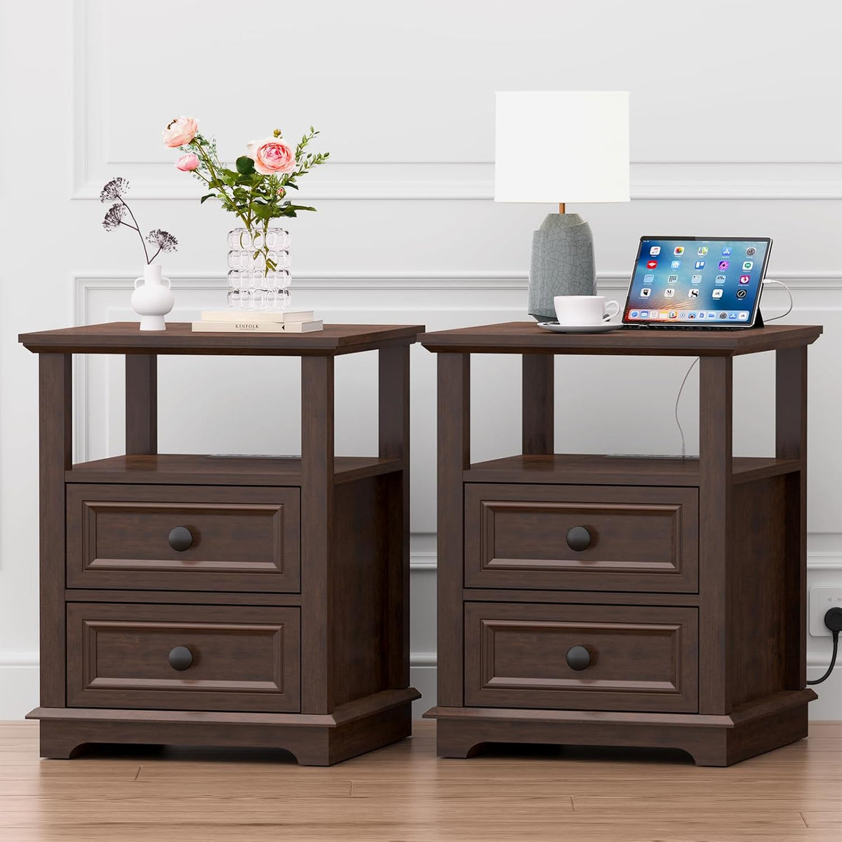 18" Wide End Table with Fast Charging Station Set of 2, 18” Wide Sofa Side Table with Drawers,End Table with Drawers for Living Room,Cherry
