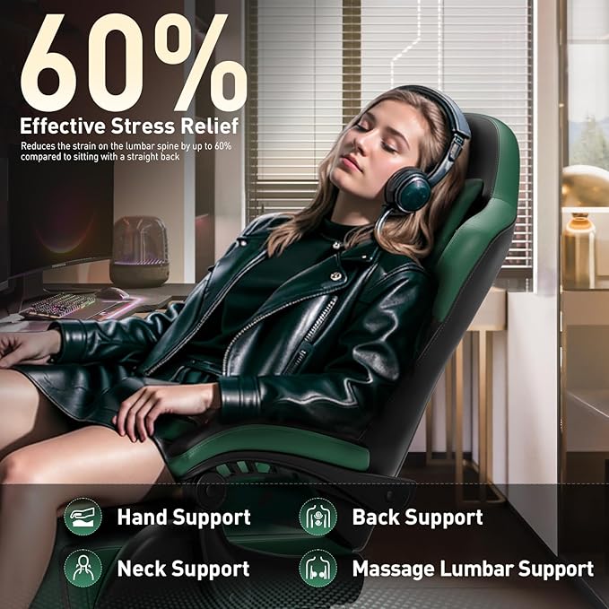 HLDIRECT Gaming Chair, Ergonomic Video Game Seat with 360° Swivel & Lumbar Massage, Computer Chair PU Leather Cushion for Adults Home/Office Use (Black & Green)