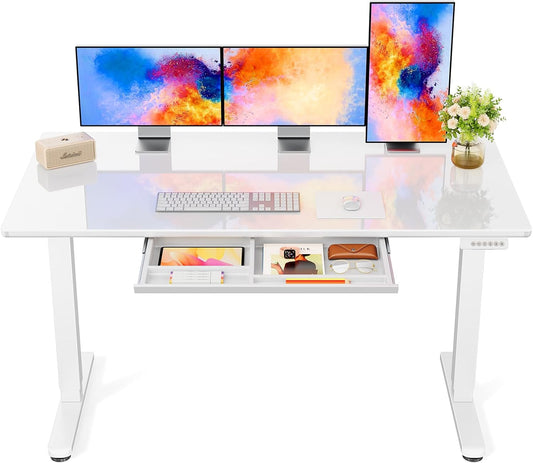 Marsail Glass Standing Desk with Drawer, 55 x 28 Inches Adjustable Desk, Home Office Desks with One-Piece Tempered Glass Top, Ergonomic Home Office Sit Stand Desk with 4 Preset Heights, White