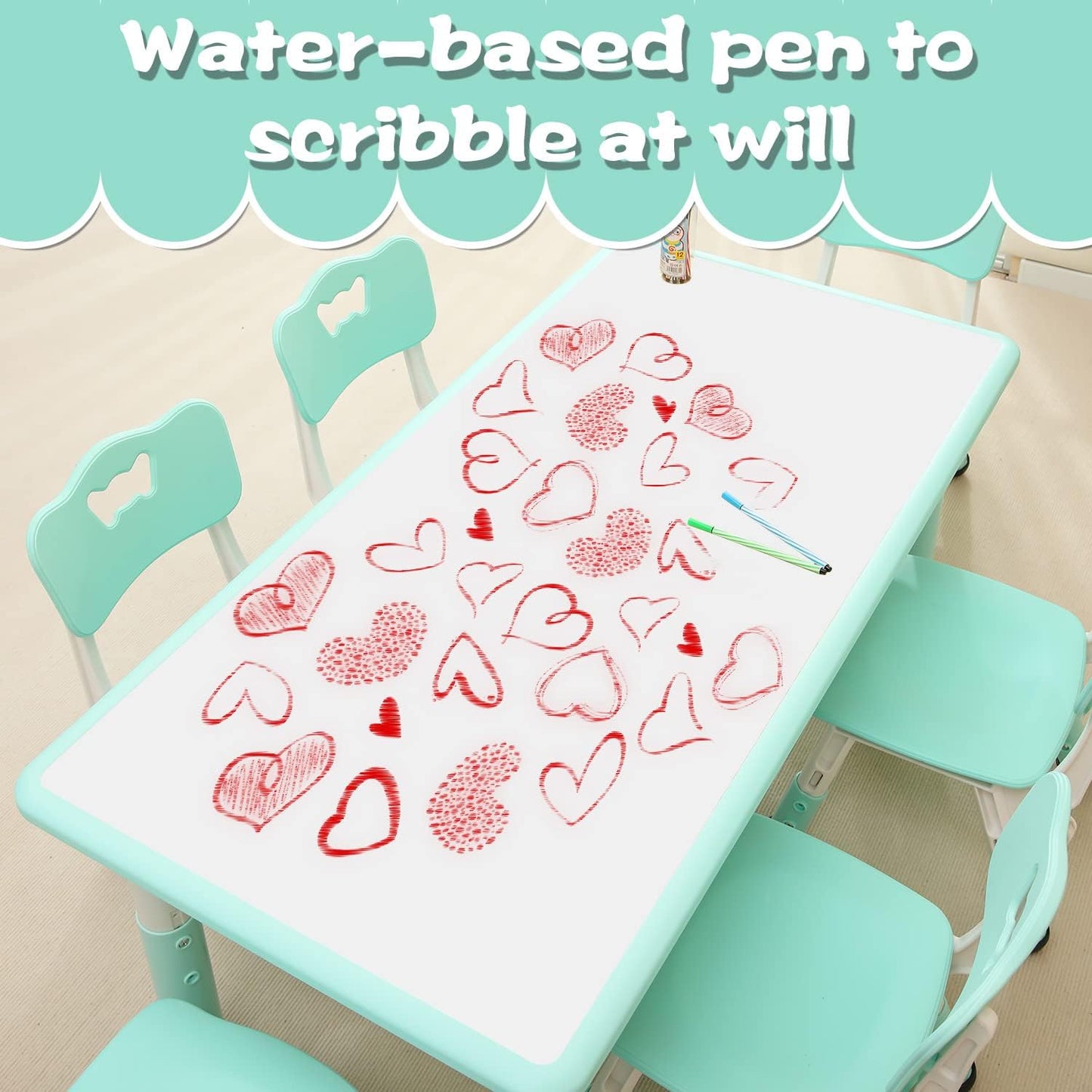 Children's Table and Chair Set Suitable for Boys and Girls Age 2-12 Height Adjustable Table top Can be Painted with 6 Seats Suitable for Family Learning Daily use (Mint Green)