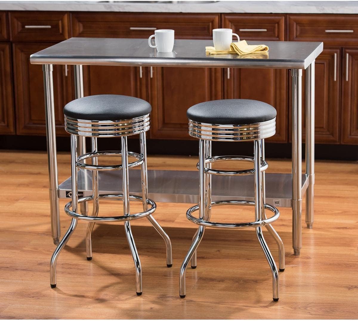 TRINITY Heavy Duty 30-Inch Backless Swivel Bar Stool for Kitchen, Garage, or Workshop, Chrome Finish with Faux Leather Seat, 2 Pack Pre-Assembled, Black