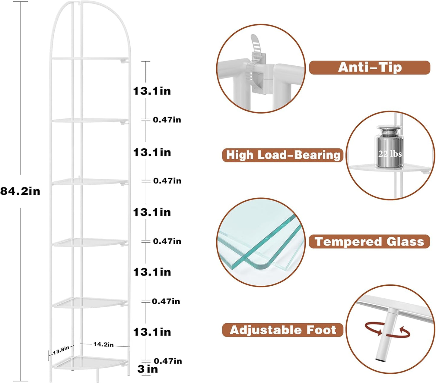 Crofy Foldable 6 Tier Corner Shelf, Metal Corner Plant Stand with White Frame and Transparent Shelves, Corner Display Rack Multipurpose Shelving Unit for Living Room, Bedroom, Bathroom
