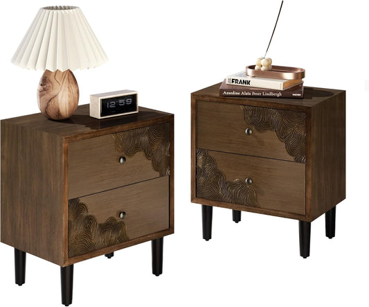 COSIEST Nightstand Set of 2, Mid Century Modern End Table with 2 Storage Drawers, Accent Side Table, Vintage Wood Luxury Night Stand for Bedroom, Living Room, Walnut